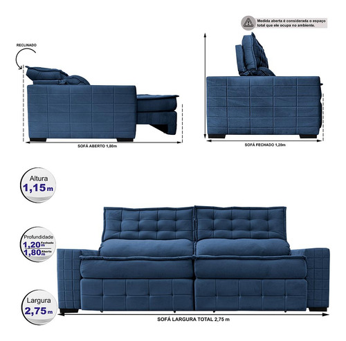 Sofá Retrátil 2,75m Cama Inbox Big Puffer. Com Softgel d40 Cor Azul