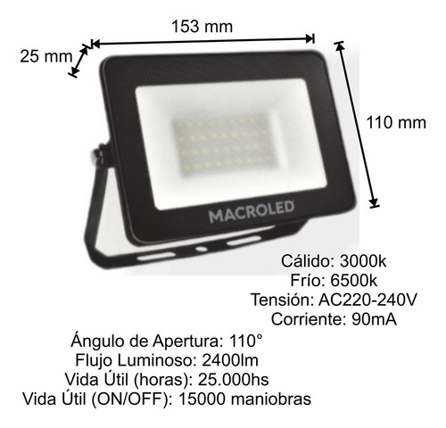 Reflector Led 30w Exterior Alta Potencia Ip65 Macroled Blanco frío