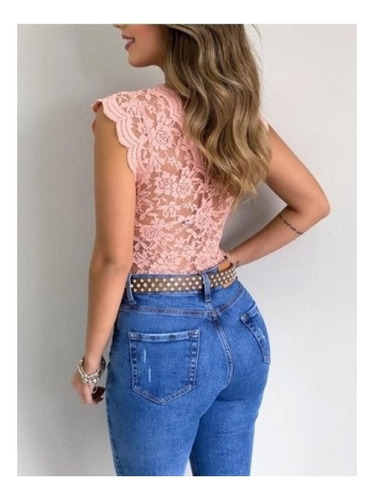 Body Sin Mangas Sexy Con Cuello En V Para Mujer Encaje Solid