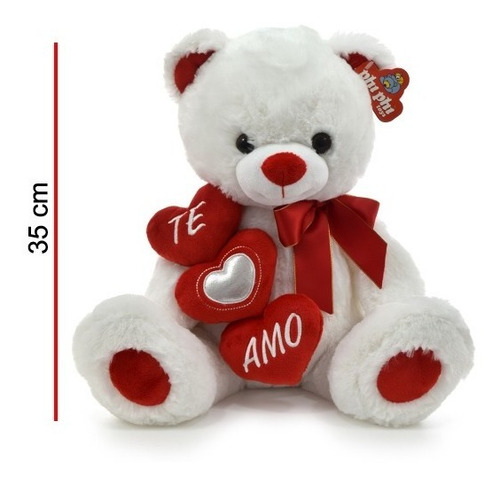 Peluche Oso Sentado Blanco Con 3 Corazones 35cm 