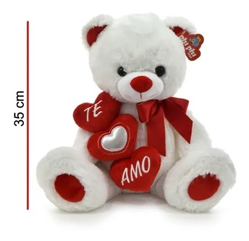 Peluche Oso Sentado Blanco Con 3 Corazones 35cm