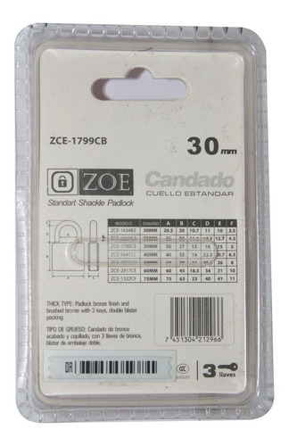 Candado Cuello Estandar 30mm, Bronce Cepillado