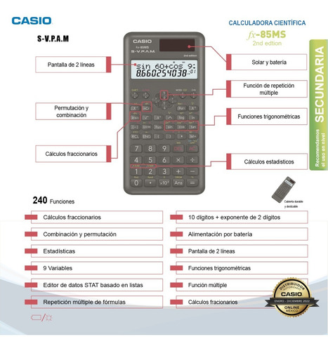Imagen 3 de 7 de 10 Calculadoras Casio Cientificas Fx-85ms 240func Secundaria