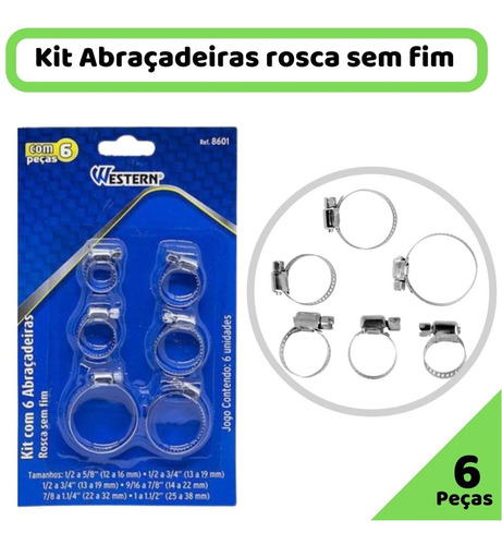 Abraçadeira Ajustável Kit 6 Peças 12 Até 38mm Aço Regulável Cor Metal