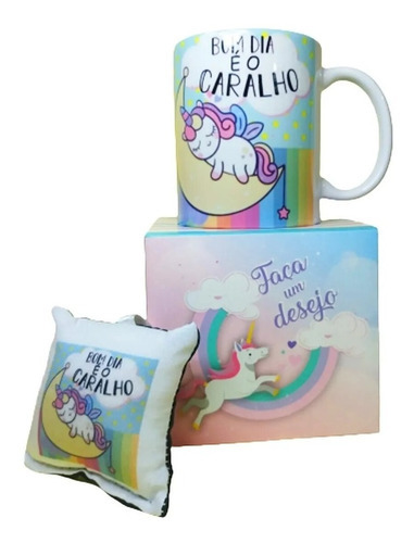 Caneca Bom Dia É O Caralho + Unicórnio Teu Cu + Chaveiro