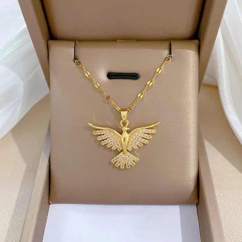Collar Dije Ave Fénix, Acero Inoxidable, Pedrería De Cristal