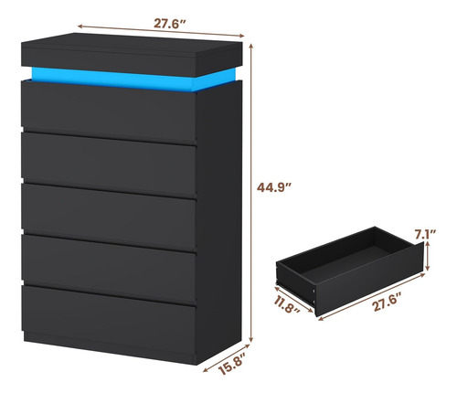 Haumous Cómoda Alta De 5 Cajones Con Luz Led Negro
