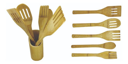 Imagem 4 de 10 de Conjunto Talheres Bambu 6 Peças Pau Colher Garfo Espatulas