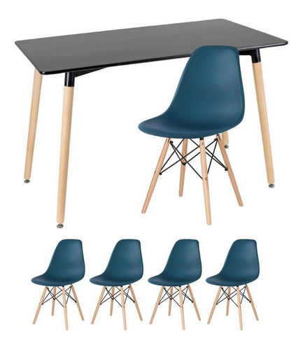 Kit Mesa Jantar Eames Retangular  4 Cadeiras Eiffel Wood Av Cor da tampa Mesa preto com cadeiras azul petróleo
