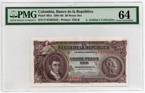 Billete Colombia 20 Pesos Certificado 2 De Enero 1965