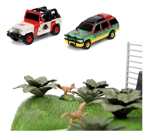 Diorama de cena Jurassic Nano do 30º aniversário de Jurassic Park com dois carros fundidos sob pressão de 1,65 polegadas