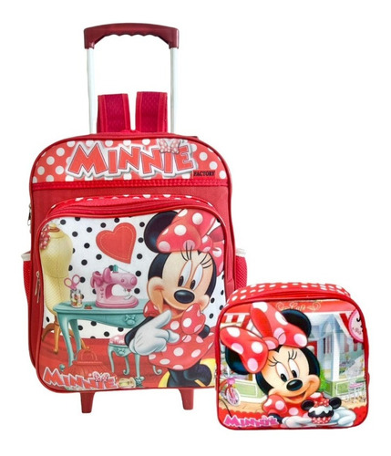 Mochila Minnie Mouse Vermelha Rodinhas M + Lancheira F4