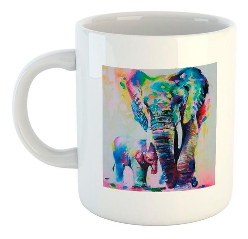 Taza De Ceramica Elefante Con Su Hijo Pintura Color