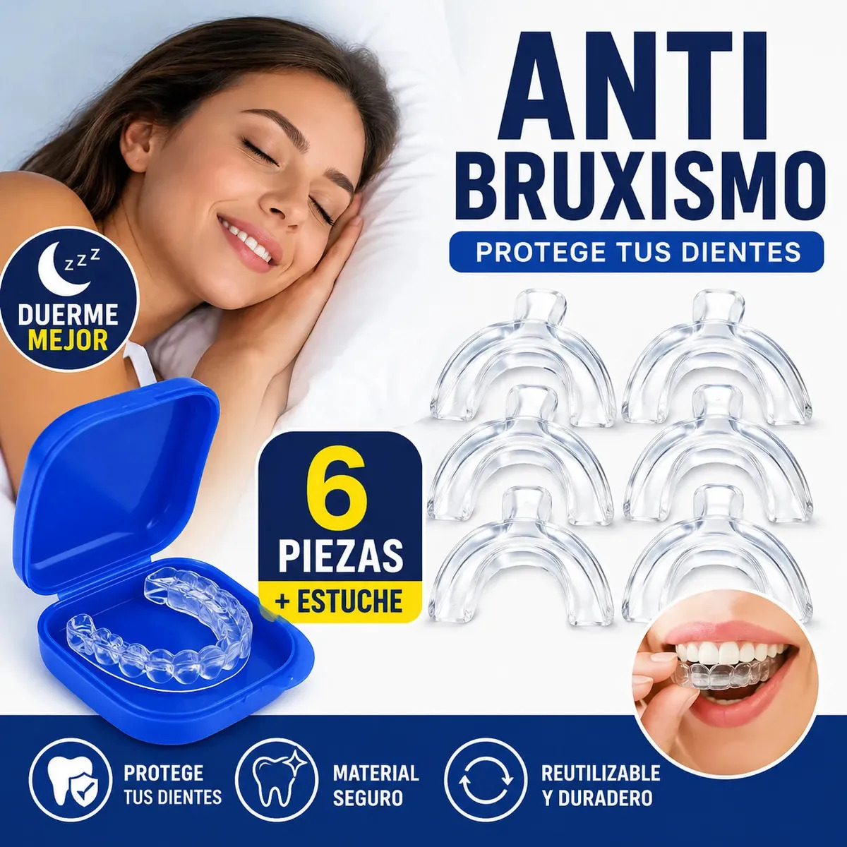 Guarda Dental 6 Piezas para Bruxismo Protector Bucal Anti Ronquidos Termomoldeable Protector Nocturno Ajustable para Dormir con Estuche