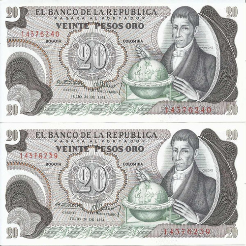 Colombia Dúo Consecutivos, 20 Pesos Oro 20 Julio 1974