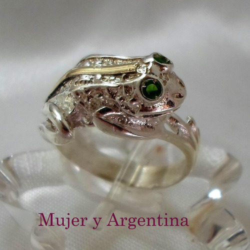 Anillo Plata Oro Ranita Con Ojos Cubics Verdes. Nro 17