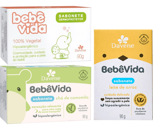 3 Sabonete Vegetal Camomila Arroz Aveia 90g Bebe Vida