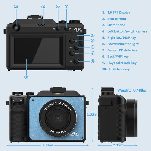 Cámara Digital De 48 Mp Para Fotografía, Cámara 4k Con Y De