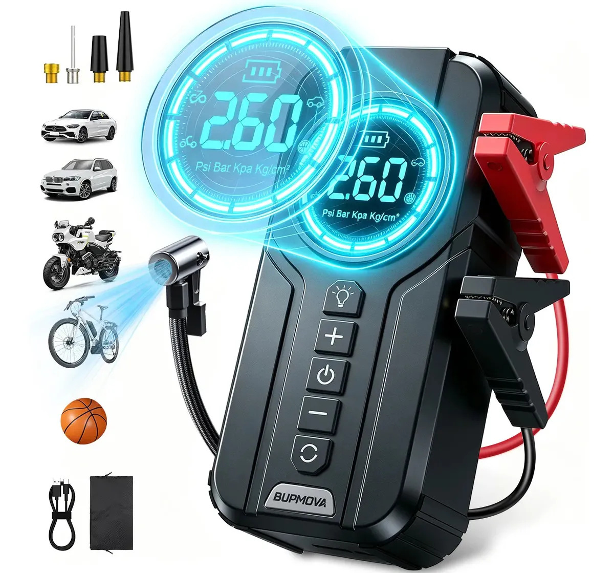 Arrancador de Batería de Auto BUPMOVA + Compresor de Aire Portátil 150PSI, Inflador con Pantalla Digital, Linterna LED Flash, Color Negro