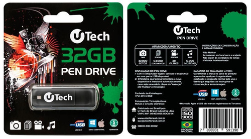 Pen Drive 32gb U-tech 5 Anos De Garantia Compatível Pc E Mac