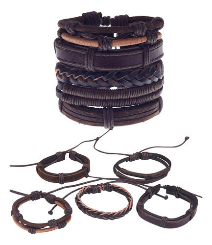 5 Pzs Ajustable Trenzado Vintage Cuero Brazalete Multicapa