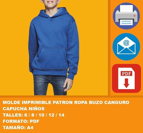 Molde Imprimible Patron Ropa Buzo Canguro Capucha Niños 2x1