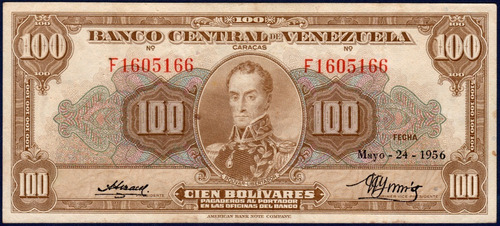 Billete De 100 Bolívares F7 Mayo 24 1956 Simón Bolívar
