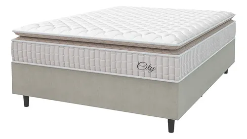 Cama Box Colchão Casal Molas Ensacadas City Pillow Top 138x188x61cm Branco e Bege Hellen