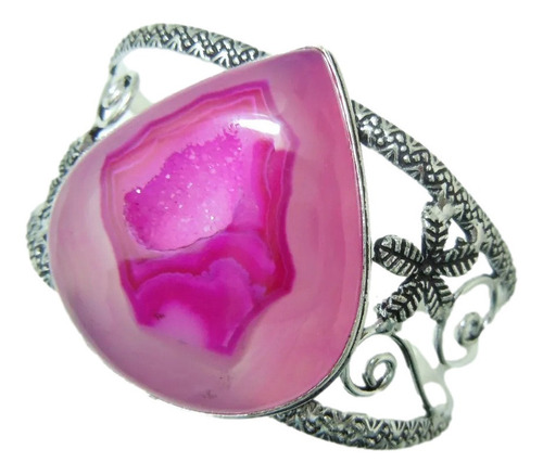 Pulsera Con Bellísima Ágata Rosa Fucsia Y Baño De Plata 925