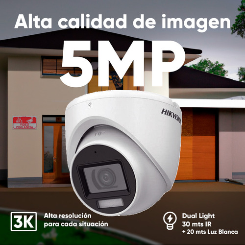 Hikvision Kit De 4 Cámaras De Seguridad Metálicas Turret Con Micrófono Integrado 3k 5mp Dual Light Protección Ip67 Para Uso Exterior + Dvr 8 Mp 4 Canales Turbohd + 4 Canales Ip Ids2ce76k0t-plus-sc
