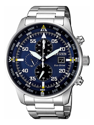 Reloj pulsera Citizen CA069 con correa de acero inoxidable color plateado - fondo azul