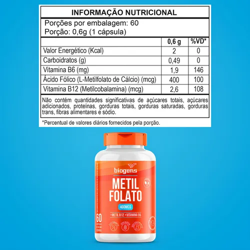 Metilfolato, 60 cps L, folato de metilo, ácido fólico activo, biógenos, sabor neutro