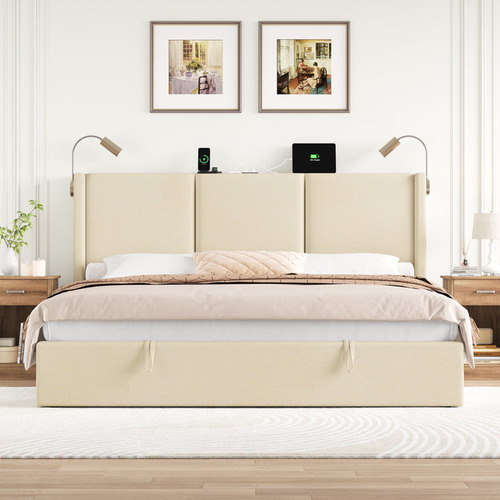 Base De Cama King Size Con 2 Luces De Lectura Color Beige