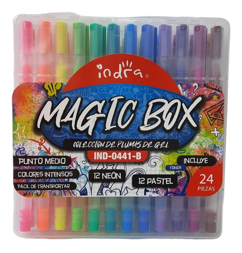 Plumas De Gel Indra Magic Box 24 Colores Neon Pastel Estuche