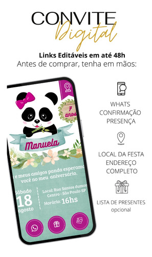 Convite Digital Festa Panda Rosa Botões Clicáveis Whats Pdf
