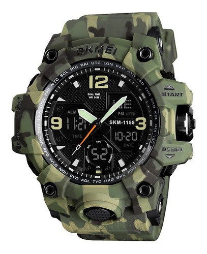 Reloj Skmei 1155b Verde Camuflaje Hora Doble Pantalla Negra 