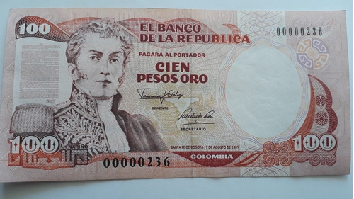 Billete De 100 Pesos De Colombia De 3 Cifras