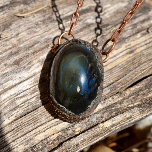 Imagen 2 de 9 de Collar Dije Obsidiana, Cadena De Cobre, Regalo Joyeria Autor