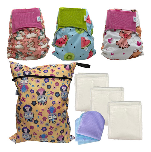 Pack 3 Pañales Ted Ecologicos + Complementos + Wetbag Clover