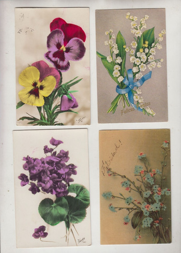 Lote De 4 Postales Antiguas Con Motivos Florales Vintage 