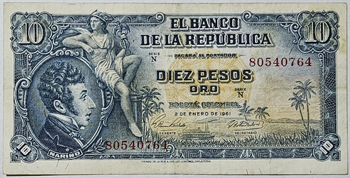 Billete 10 Pesos 02/ene/1961 Colombia Vf-xf