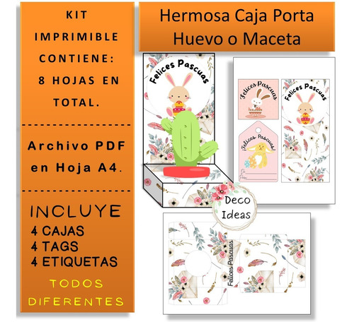 Imagen 5 de 6 de Kit Imprimible 07 Pascuas Caja Porta Huevo + Etiqueta + Tag