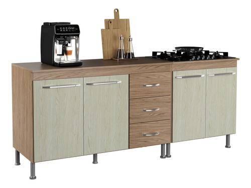 Kit 2 Balcões Modulados Gabinete Pia 120cm E Cooktop 70cm Com Tampo Paris Fidelitá Nogal/Salinas