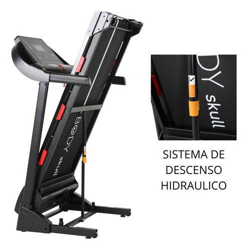 Cinta Caminadora Electrica Body Skull - Velocidad 16 Km/h - Inclinacion Automatica 15 Niv - Usuarios 150 Kg - Superficie 1300x450 Mm - Plegable - Con 6 Amortiguadores Sistema Anti Shock - 2733 Negra