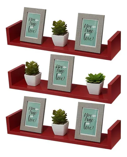 Kit 3 Prateleiras U 80 x 25 cm, color rojo, soporte invisible