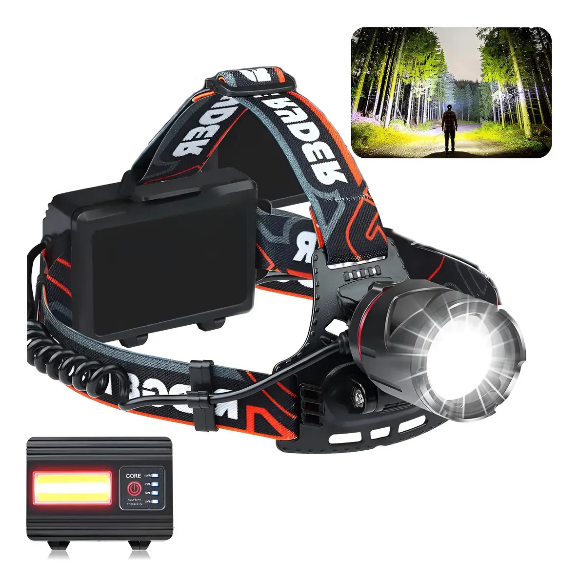 Linterna Frontal LED Anbolm Recargable con Zoom, 200000 lm y 7 Modos de Luz