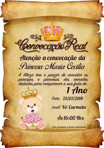 50 Convite Pergaminho Ursa Princesa E Príncipe Urso