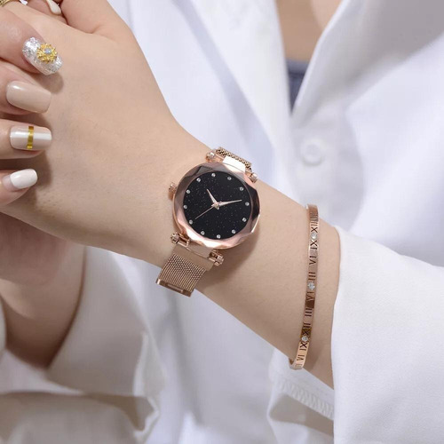 Relógio Feminino Pulseira Magnética Cor Nude Brilhante