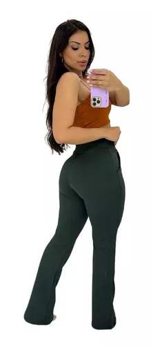 Calça Legging Flare Bolso Frente Cintura Alta Friso Na Perna