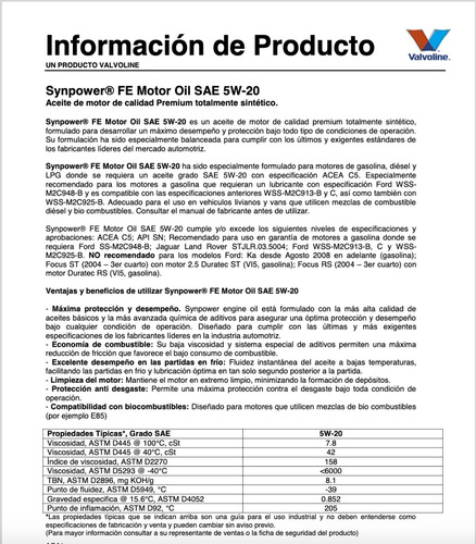 Aceite 5w20 Valvoline Sintético Synpower Api Sn, Acea C5 5lt